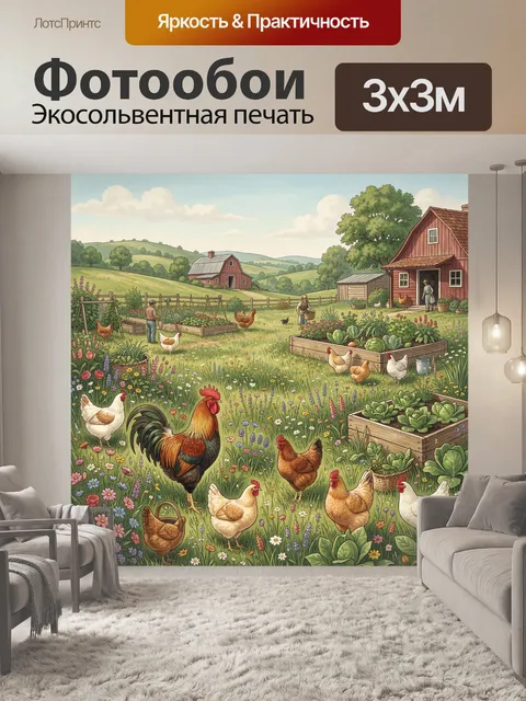 Фотообои Деревенский двор с курами на лугу