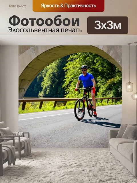 Фотообои спортивный велосипед, проезжающий через мост с арками, с рекой и лесом на заднем плане