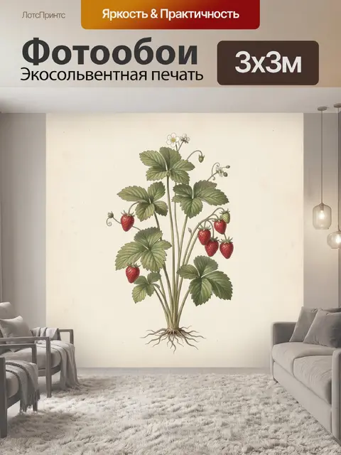Фотообои Земляника с цветами и листьями