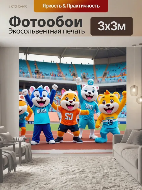 Фотообои город в стиле маскот, спортивный стадион с веселыми маскотами, поддерживающими команды