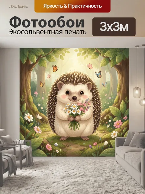 Фотообои Ежик с букетом в лесу