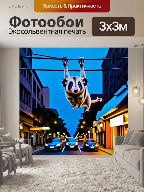 Фотообои опоссум висит на проводах в городском пейзаже, внизу проезжают машины и яркие огни витрин