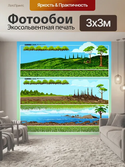 Фотообои природа в стиле инфографический рисунок, представляющие восстановление экосистем после катастрофы с этапами