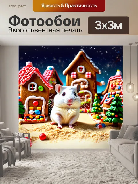 Фотообои белый хомяк на фоне сказочного городка, собранного из пряников и конфет