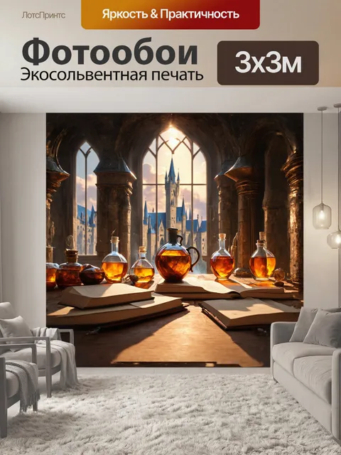 Фотообои на фоне величественного замка хогвартс, охваченного мягким светом заката, расположен факультет зельеварения