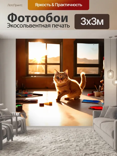 Фотообои рыжий кот, застывший в динамичной позе, ловит солнечные лучи, пробивающиеся сквозь окна студии