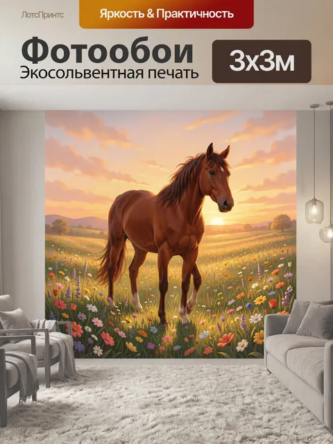 Фотообои Конь на лугу с цветами