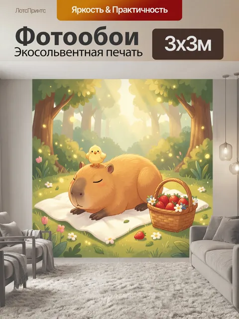 Фотообои Капибара с цыплёнком и ягодами