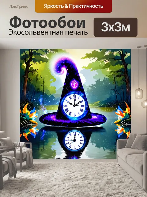 Фотообои часы в виде волшебной шляпы, окруженные магическими символами