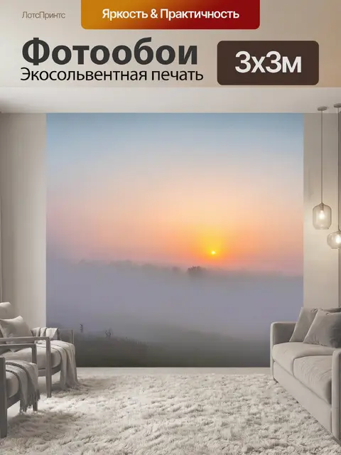 Фотообои туман в стиле минимализм, живописный закат сквозь утренний туман