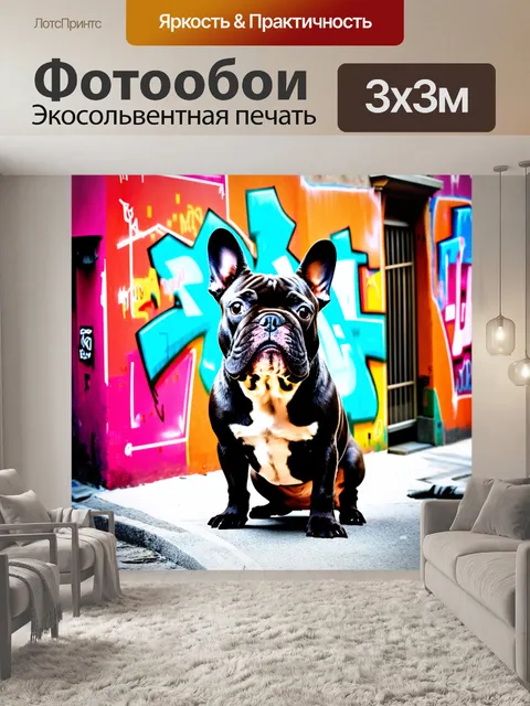 Фотообои французский бульдог, во всей своей красе, представлен на фоне яркой уличной граффити