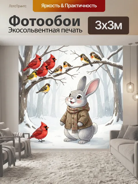 Фотообои Зимний заяц и птицы