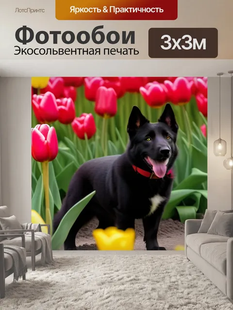 Фотообои забавные животные среди цветущих тюльпанов