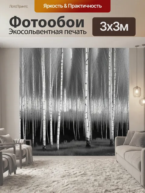 Фотообои лес пейзаж с березой чернобелый