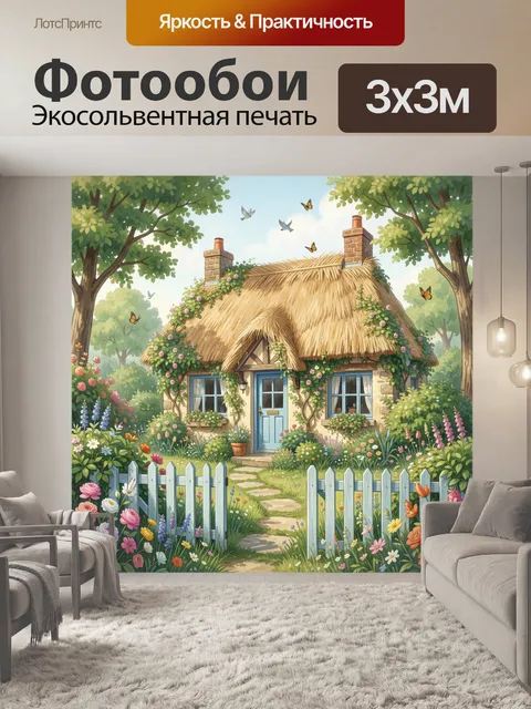 Фотообои Сказочный домик в цветущем саду