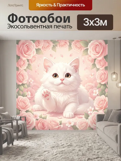 Фотообои Белый котенок в розах