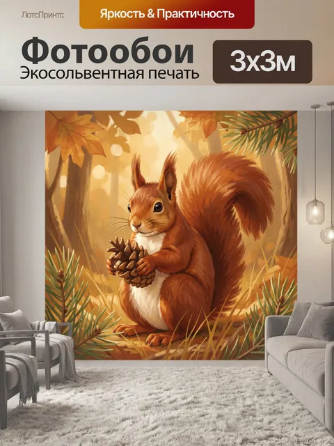 Фотообои Белка с сосновой шишкой в лесу