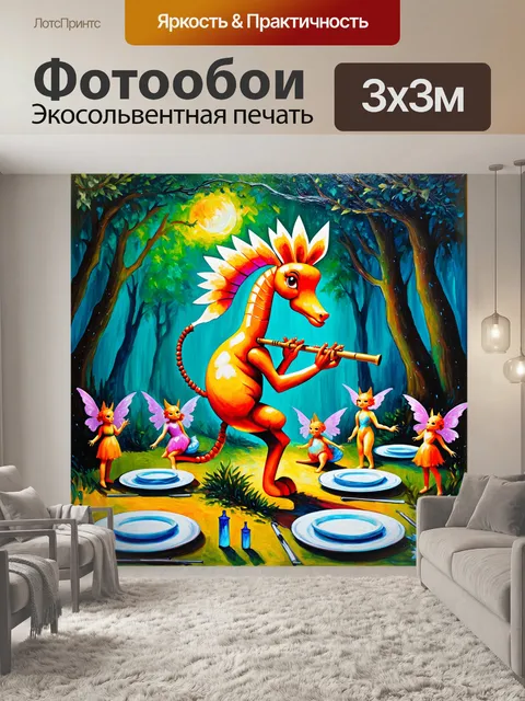 Фотообои кокопелли, играющий на флейте, окруженный мистическим лесом с сказочными существами, выполненный в технике…