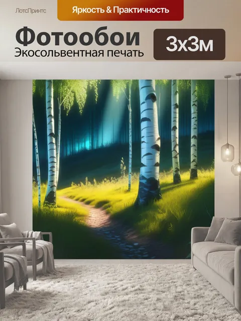Фотообои лес пейзаж с березой красивый