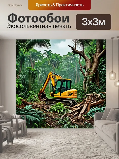 Фотообои экскаватор, работающий в тропическом лесу, подавляющим растительность и разрушая старые деревья