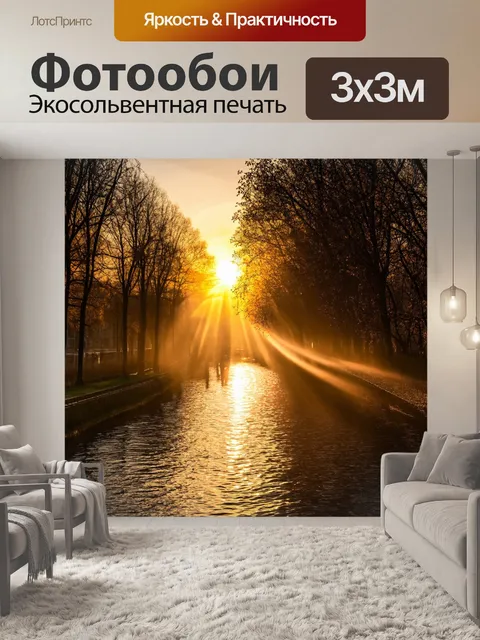 Фотообои рассвет на фоне дунаевского канала, где солнечные лучи пробиваются сквозь ряды деревьев