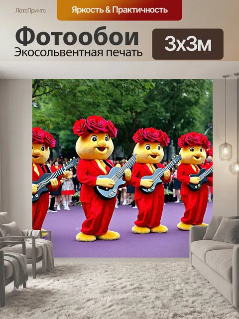 Фотообои розы в стиле маскот, с розами, которые играют на музыкальных инструментах, создавая праздник музыки