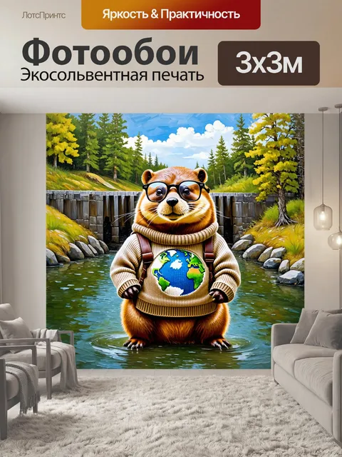 Фотообои смешанный бобёр в свитере с естественными рисунками деревьев