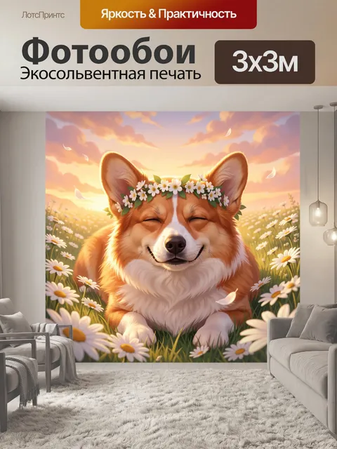 Фотообои Улыбающийся корги в ромашках