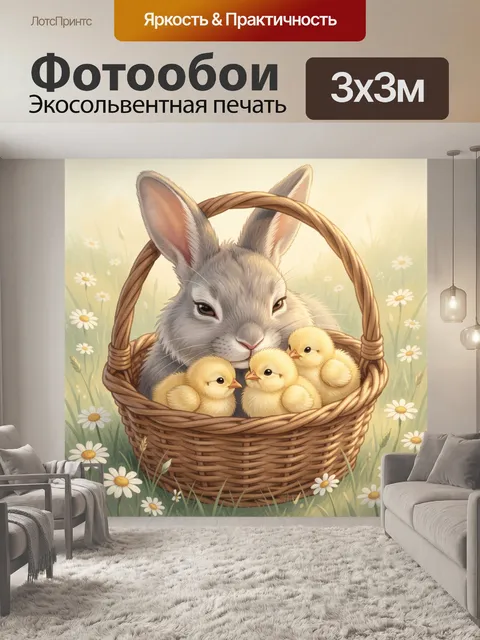 Фотообои Кролик и цыплята в корзине