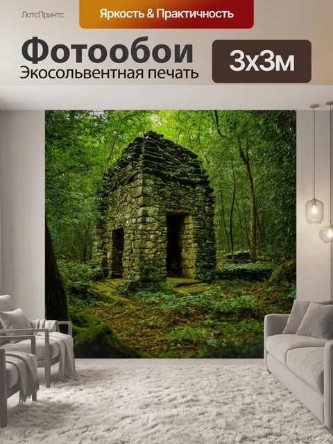 Фотообои лес с древними каменными конструкциями, скрытыми под растительностью
