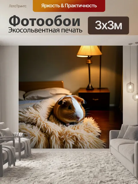 Фотообои в уютном спальне, на темном дереве, морская свинка свернулась калачиком в мягком, пушистом пледе