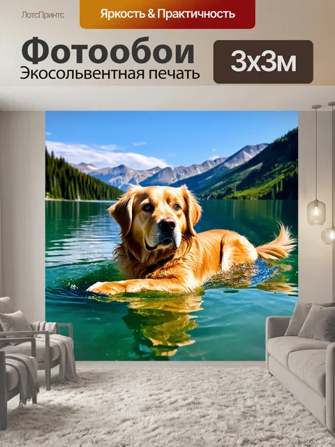Фотообои собака золотистый ретривер, плавающая в кристально чистом озере, с отражением гор на воде