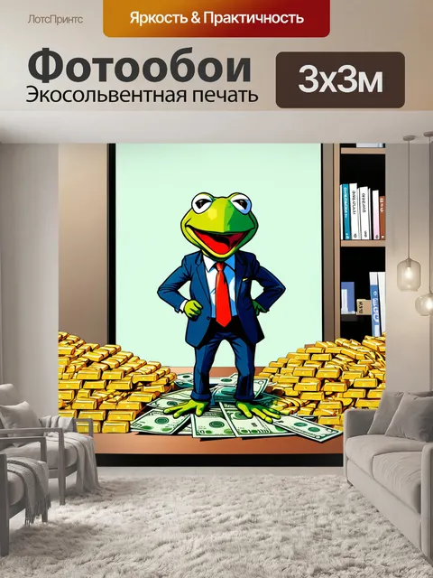 Фотообои изобразите кермита, лягушку, в образе бизнесмена, стоящего на столе, покрытом денежными купюрами и золотыми…