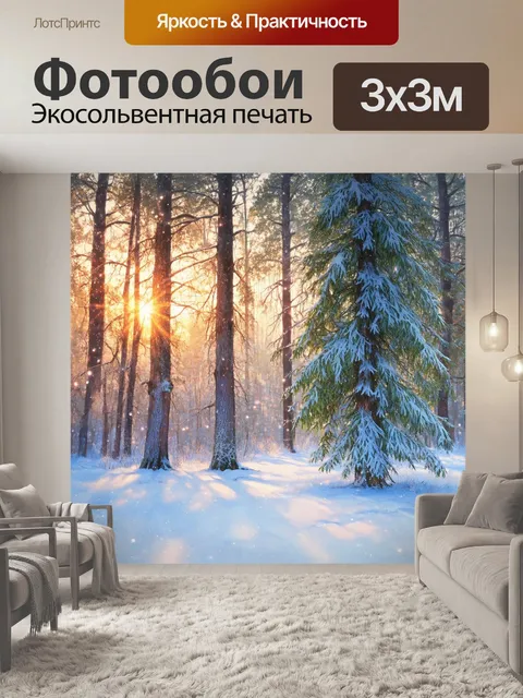 Фотообои зимний лес с густыми снежными деревьями, мягкий свет рассвета пробивается сквозь ветви