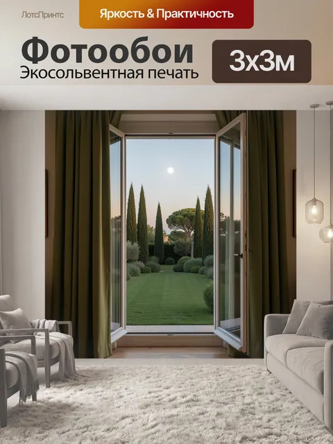 Фотообои Открытое французское окно с высокими тяжелыми оливково-зелеными шторами