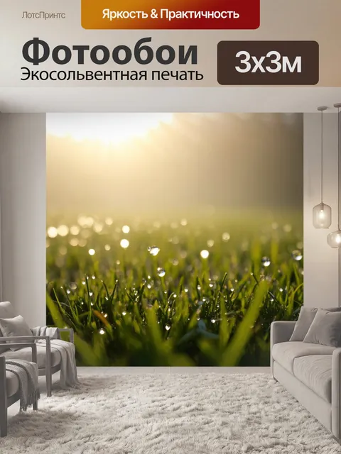 Фотообои весна: утренний туман над полем, лишь слегка теплые лучи солнца, капли росы на траве, пробуждение природы