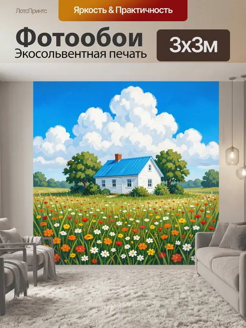 Фотообои Белый домик среди полевых цветов