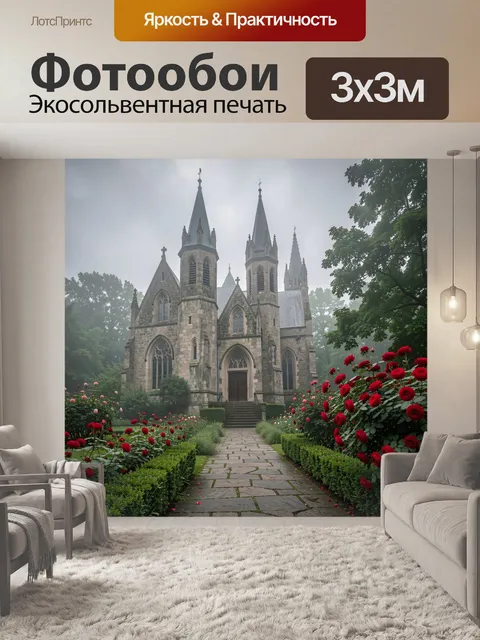 Фотообои Готическое здание, окруженное густым садом с яркими красными розами