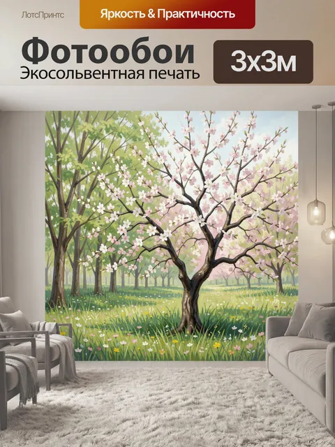 Фотообои Цветущая сакура в весеннем лесу