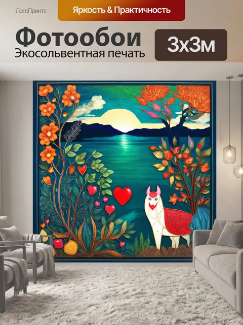 Фотообои проиллюстрируйте сцену ожидания и любви, используя стилизацию под народное искусство