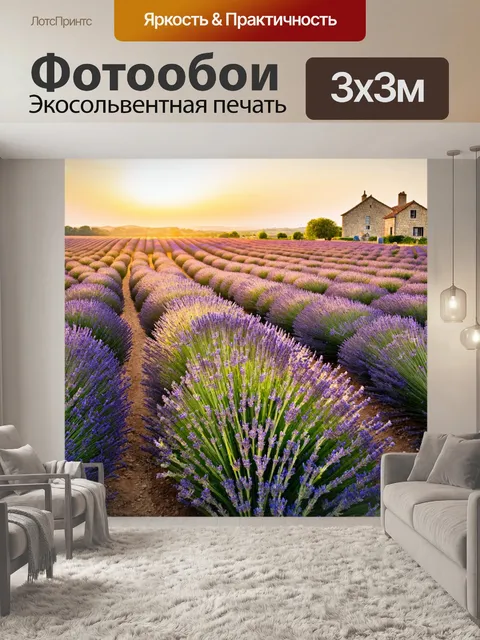 Фотообои франция, обширные лавандовые поля прованса на закате, золотой свет освещает цветы, вдалеке исторические…