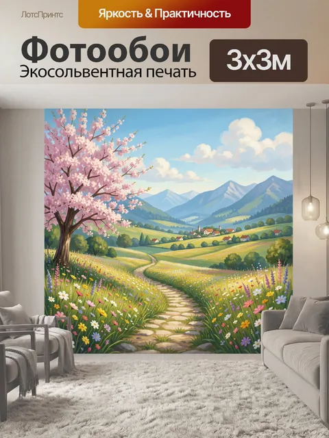 Фотообои Весенний пейзаж с цветущим деревом