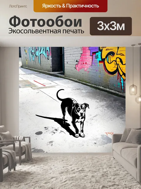 Фотообои дворняга, исследующая городские улочки с яркими граффити на стенах, создающими контраст с серым бетоном