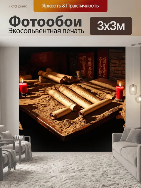 Фотообои изображение древних папирусов, разложенных на старинном деревянном столе, покрытом песком