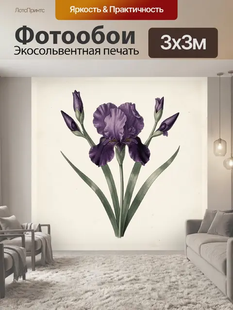 Фотообои Фиолетовые ирисы с зелёными листьями