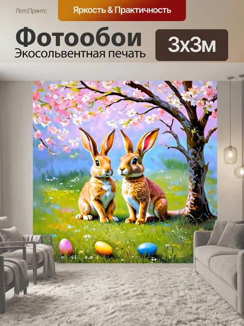 Фотообои зайцы, играющие в прятки среди цветущих деревьев в пастельных цветах