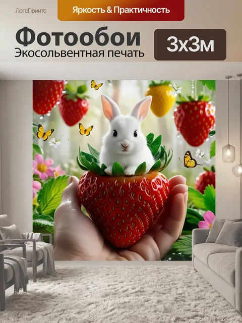 Фотообои микрокролик в большой клубнике