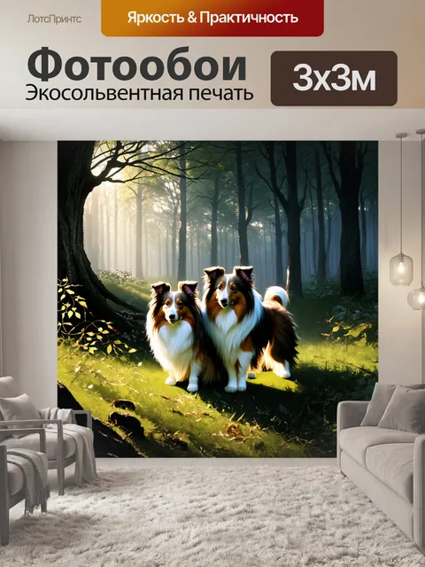 Фотообои две шелти, исследующие густой лес, где свет пробивается сквозь листву деревьев, создавая загадочную атмосферу
