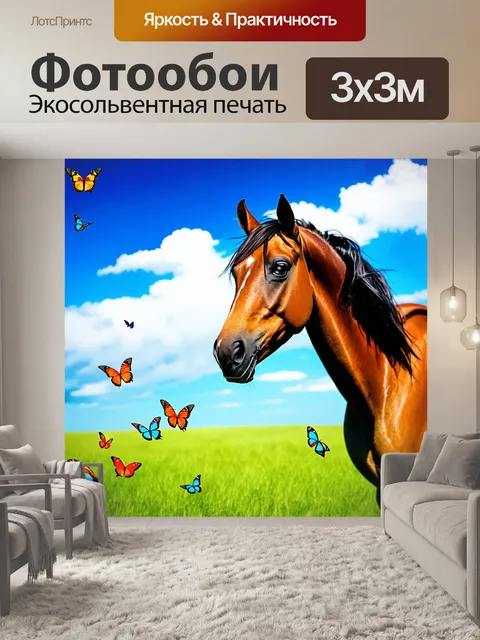 Фотообои лошадь на пастбище в летний полдень, когда облака едва касаются горизонта