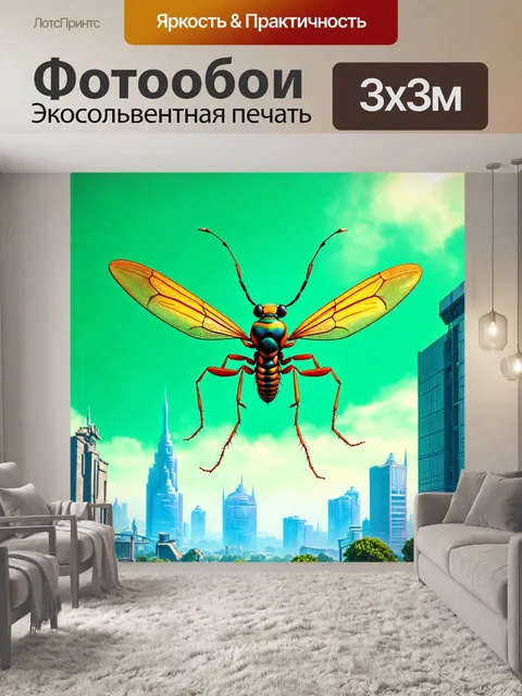 Фотообои животные в стиле ретрофутуризм: гигантские насекомые, изучающие летающий город в обрамлении зеленого неба